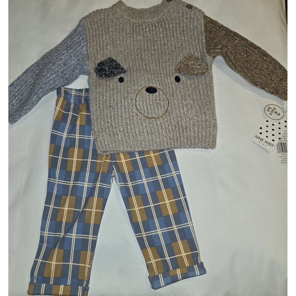 NWT Nine West Sweater Plaid Pants Outfit Beige, Blue, Brown  12 Month Boys Puppy